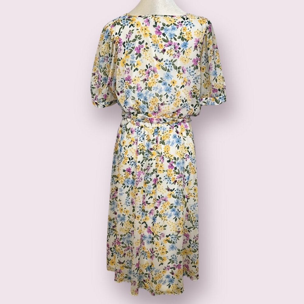 Calvin Klein Women's Midi Dress Floral Short Sleeve Belted Size 14 Elastic Waist - Picture 2 of 11